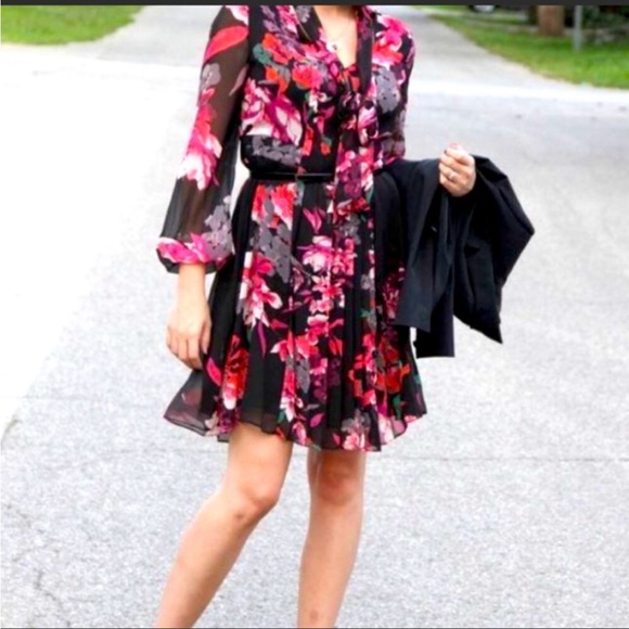Kirna Zabete Dresses & Skirts - 🆕 Kirna Zabete for Target Floral Chiffon Red & Black Long Sleeve Dress, Size S
